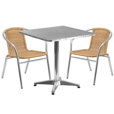 Flash Furniture TLH-ALUM-28SQ-020BGECHR2-GG 27 1/2" Square Patio Table & 2 Beige Rattan Arm Chair Set - Stainless Steel Top, Aluminum Base
