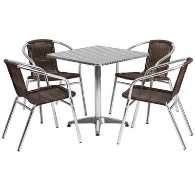 Flash Furniture TLH-ALUM-28SQ-020CHR4-GG 27 1/2" Square Patio Table & 4 Brown Rattan Arm Chair Set - Stainless Steel Top, Aluminum Base