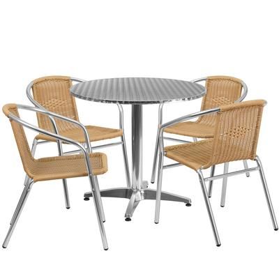 Flash Furniture TLH-ALUM-32RD-020BGECHR4-GG 31 1/2" Round Patio Table & 4 Beige Rattan Arm Chair Set - Stainless Steel Top, Aluminum Base