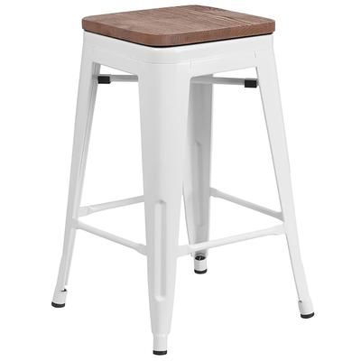 Flash Furniture CH-31320-24-WH-WD-GG Counter Height Backless Commercial Bar Stool w/ Wood Seat, White