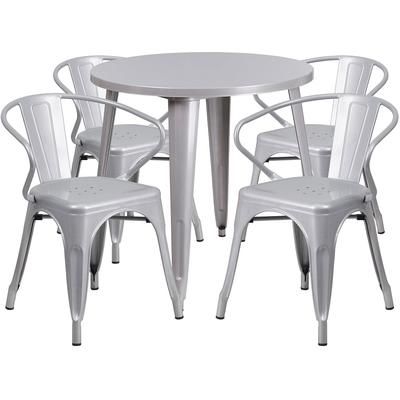 Flash Furniture CH-51090TH-4-18ARM-SIL-GG 30" Round Table & 4 Arm Chair Set - Metal, Silver