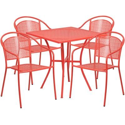 Flash Furniture CO-28SQ-03CHR4-RED-GG 28" Square Patio Table & 4 Round Back Arm Chair Set - Steel, Coral