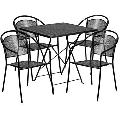 Flash Furniture CO-28SQF-03CHR4-BK-GG 28" Square Folding Patio Table & 4 Round Back Arm Chair Set - Steel, Black