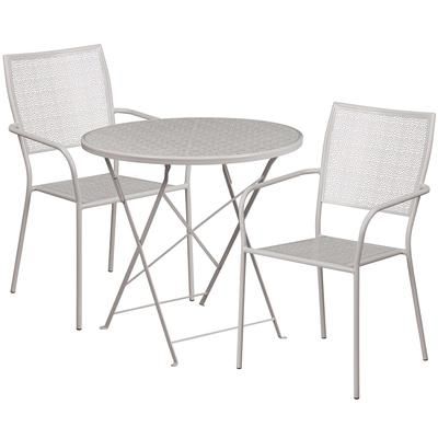 Flash Furniture CO-30RDF-02CHR2-SIL-GG 30" Round Folding Patio Table & 2 Square Back Arm Chair Set - Steel, Light Gray