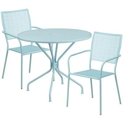 Flash Furniture CO-35RD-02CHR2-SKY-GG 35 1/4" Round Patio Table & 2 Square Back Arm Chair Set - Steel, Sky Blue