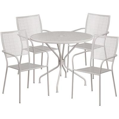 Flash Furniture CO-35RD-02CHR4-SIL-GG 35 1/4" Round Patio Table & 4 Square Back Arm Chair Set - Steel, Light Gray