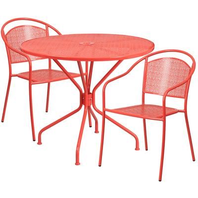 Flash Furniture CO-35RD-03CHR2-RED-GG 35 1/4" Round Patio Table & 2 Round Back Arm Chair Set - Steel, Coral