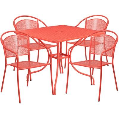 Flash Furniture CO-35SQ-03CHR4-RED-GG 35 1/4" Square Patio Table & 4 Round Back Arm Chair Set - Steel, Coral