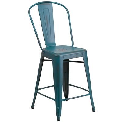 Flash Furniture ET-3534-24-KB-GG Counter Height Commercial Bar Stool w/ Curved Back & Metal Seat, Distressed Kelly Blue, Indoor/Outdoor