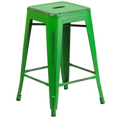 Flash Furniture ET-BT3503-24-GN-GG Counter Height Backless Commercial Bar Stool w/ Metal Seat, Distressed Green