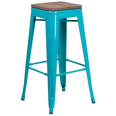 Flash Furniture ET-BT3503-30-CB-WD-GG Backless Commercial Bar Stool w/ Wood Seat, Crystal Teal Blue