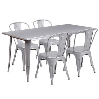 Flash Furniture ET-CT005-4-30-SIL-GG Rectangular Table & 4 Chair Set - 63"W x 31 1/2"D x 29 1/2"H, Steel, Silver