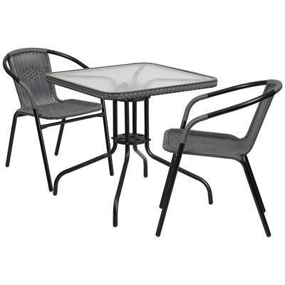 Flash Furniture TLH-073SQ-037GY2-GG 28" Square Patio Table & 2 Gray Rattan Arm Chair Set - Glass Top, Black Metal Base