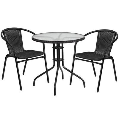 Flash Furniture TLH-087RD-037BK2-GG 28" Round Patio Table & 2 Black Rattan Arm Chair Set - Glass Top, Black Metal Base