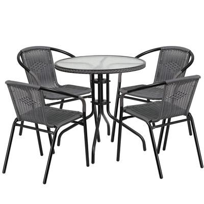 Flash Furniture TLH-087RD-037GY4-GG 28" Round Patio Table & 4 Gray Rattan Arm Chair Set - Glass Top, Black Metal Base