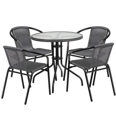Flash Furniture TLH-087RD-037GY4-GG 28" Round Patio Table & 4 Gray Rattan Arm Chair Set - Glass Top, Black Metal Base