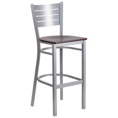 Flash Furniture XU-DG-60402-BAR-MAHW-GG Commercial Bar Stool w/ Metal Slat Back & Mahogany Wood Seat, Silver
