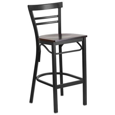 Flash Furniture XU-DG6R9BLAD-BAR-WALW-GG Commercial Bar Stool w/ Metal Ladder Back & Walnut Wood Seat, Black