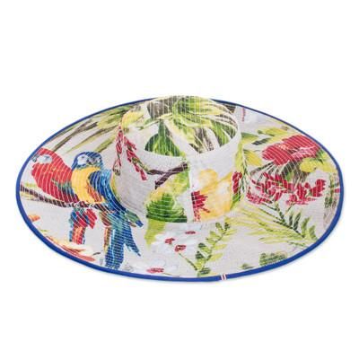 'Tropical Cotton Sun Hat with Blue Piping and 4.5-Inch Brim'