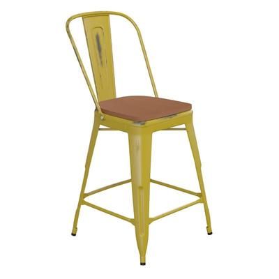 Flash Furniture ET-3534-24-YL-PL1T-GG Counter Height Commercial Bar Stool w/ Curved Back & 24" Wood Seat, Yellow