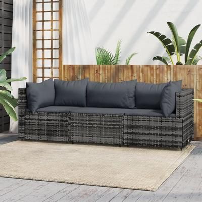 vidaXL Set Divani da Giardino 3 pz con Cuscini in Polyrattan Grigio