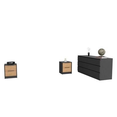 Sydney 3 Piece Bedroom Set, Nightstand + Nightstand + Drawer Dresser, Black / Pine - FM Furniture CBED78