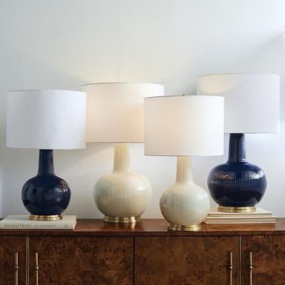 Carlota Table Lamp - Navy, Navy Large Gourd Base with White Drum Shade - Frontgate