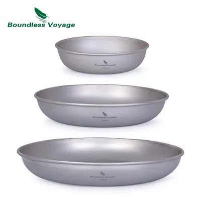 Boundless Voyage 3pcs Ultralight Titanium Plate Camping Bowl Dish with Mesh Bag Outdoor Camping Tableware Cookware Mess Kit 167g