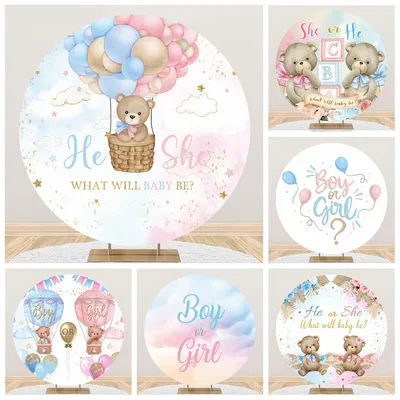 Laeacco Newborn Gender Reveal Round Backdrop Baby Shower Family Party Decor Boy or Girl Photographic