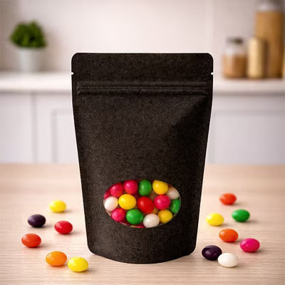 Medium Black Kraft Stand Up Resealable Pouch Bags with Oval Window - Holds 4 oz. Size: 5 1/8" x 3 1/8" x 8 1/8" 100 Bags Pouches