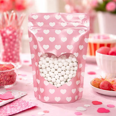 Rose Gold Stand Up Zipper Pouch with White Mini Hearts 5 1/8" x 3 1/8" x 8 1/8" 25 pack ZBGSW3WH