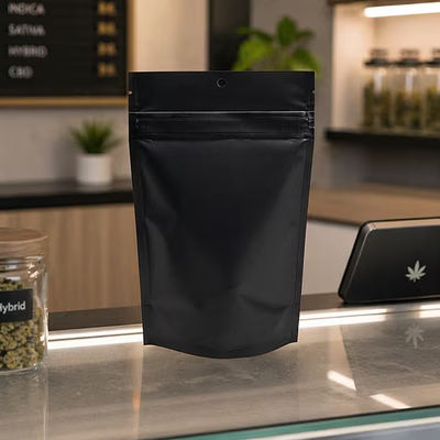 Matte Black Eco Compostable Child Resistant Stand Up Pouches 5 1/8" x 2 1/2" x 8 1/8" 100 Pack