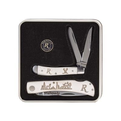 Remington Tin Collector 2-Knife Gift Set Mule Deer Set 2 3/4in Peanut 3 1/2in Lockback 8Cr13Mov Stainless Steel V-Flat Blades White Bone Handle with