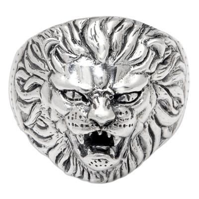 Wild God,'Sterling Silver Cocktail Ring with Embossed Lion Detail'