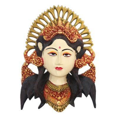 'Hand-Painted Wood Mask Wall Sculpture of a Balinese Woman'
