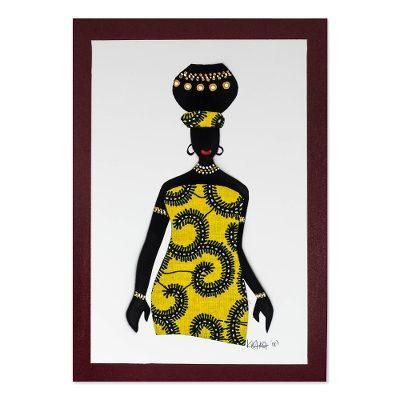 Ama with Pot in Yellow,'Yellow Cotton Accented Painting of an African Woman'