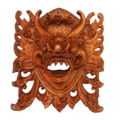 'Hand-Carved Acacia Wood Wall Mask of Barong from Bali'