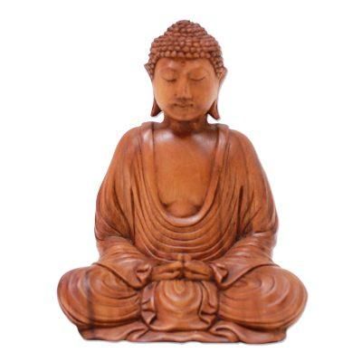 Let Peace In,'Hand-Carved Suar Wood Buddha Sculpture from Indonesia'