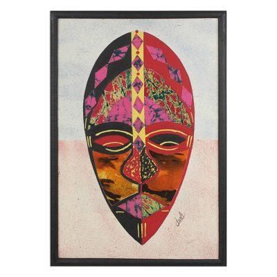 Think Twice,'Cotton African Mask Oil on Cotton Batik Collage from Ghana'