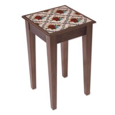 Red Flowers,'Red Floral Reverse-Painted Glass Accent Table from Peru'