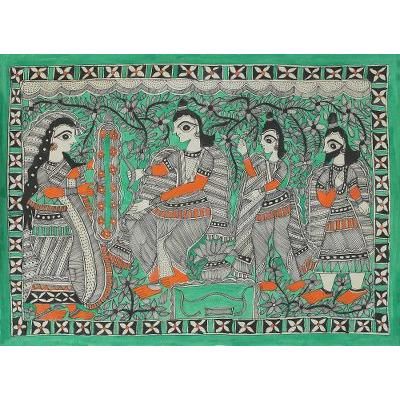 Wedding Celebrations,'Signed Freehand Madhubani Painting of Rama and Sita'