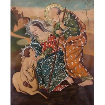 The Holy Family,'The Holy Family Oil and Bronze Leaf Painting on Canvas '