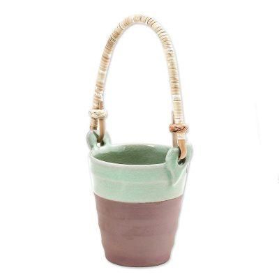 Picnic Mood in Green,'Celadon Ceramic and Natural Fiber Cup in Green from Thailand'