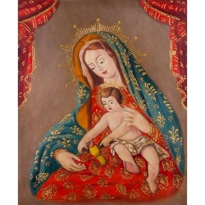 Our Lady of the Little Bird,'Religious Art Colonial Replica Painting of Mary and Jesus'
