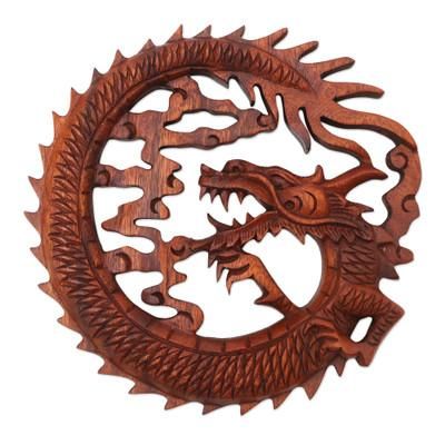 Dragon in the Air,'Hand Carved Balinese Dragon Suar Wood Wall Relief Panel'