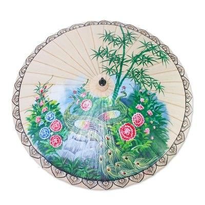 Heavenly Peacocks,'Peacock-Themed Cotton and Bamboo Parasol in Buff'