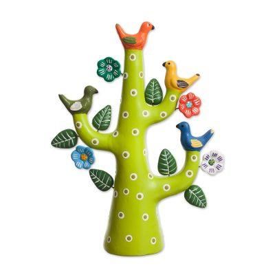 'Hand-Painted Ceramic Dove Tree Sculpture in Green from Peru'