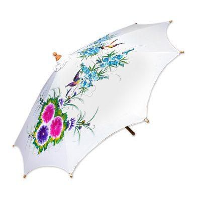 'Floral Bird-Themed Cotton and Bamboo Parasol from Thailand'