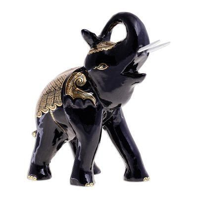 Elephant King,'Gold-Accented Raintree Wood Sculpture from Thailand'