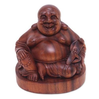 Wood statuette, 'Jovial Buddha' - Original Wood Sculpture